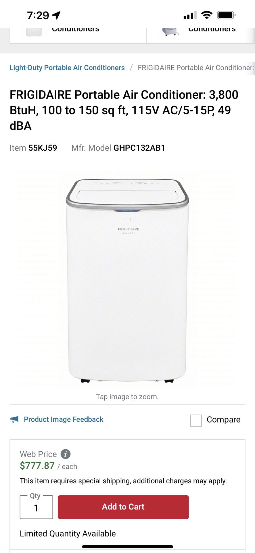 FRIGIDAIRE Portable Air Conditioner: 3,800 BtuH, 100 to 150 sq ft, 115V AC/5-15P, 49 dBA
