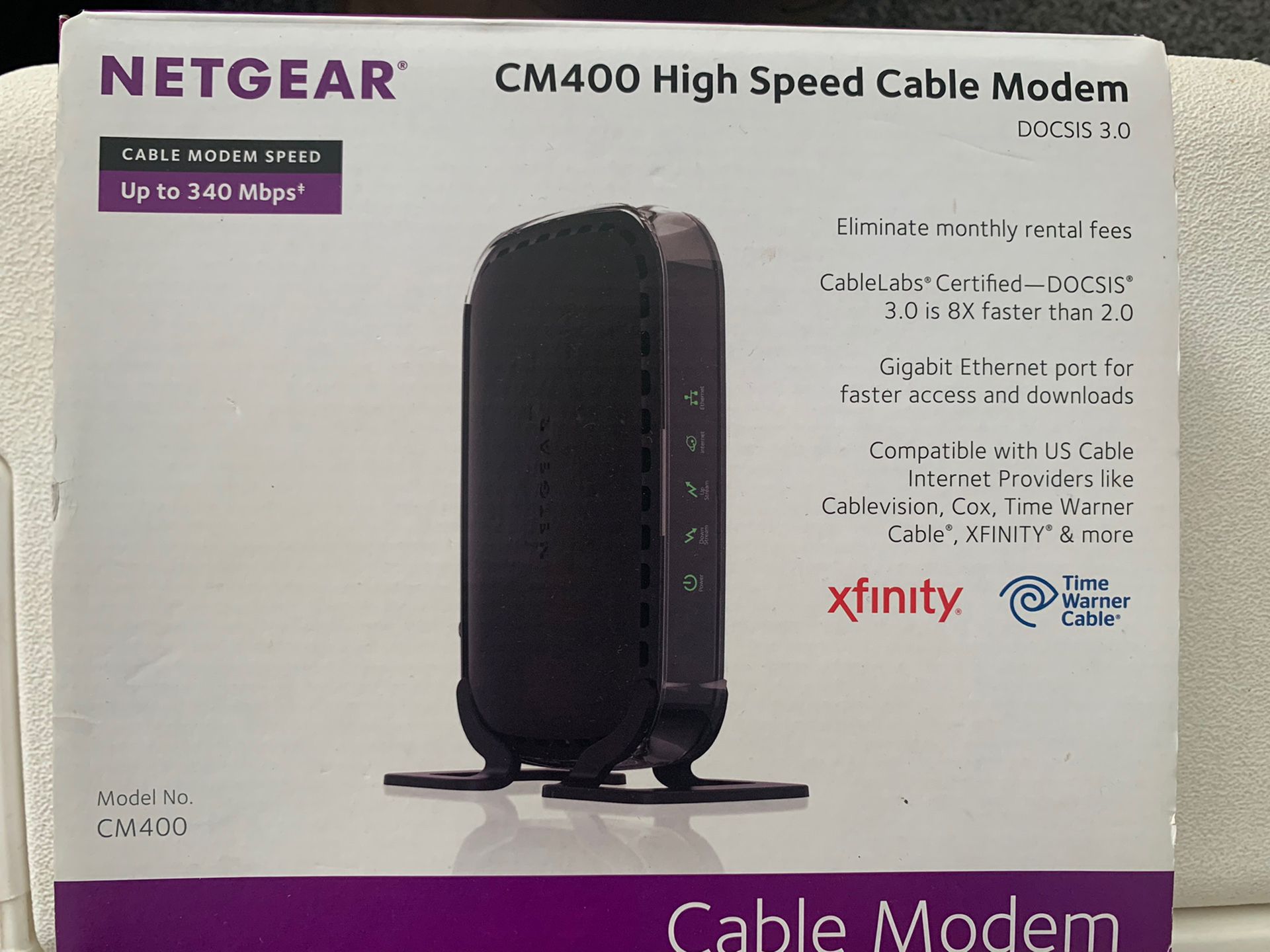 NETGEAR CM400 High Speed Cable Modem provides a connection to high-speed cable Internet, up to 340 Mbps