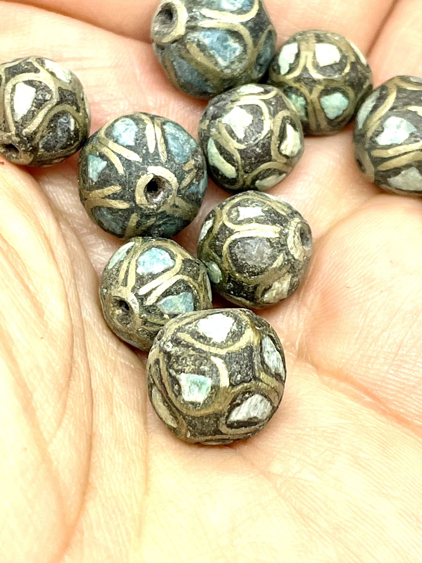 Lot Of 24 Inlaid Brass Beads