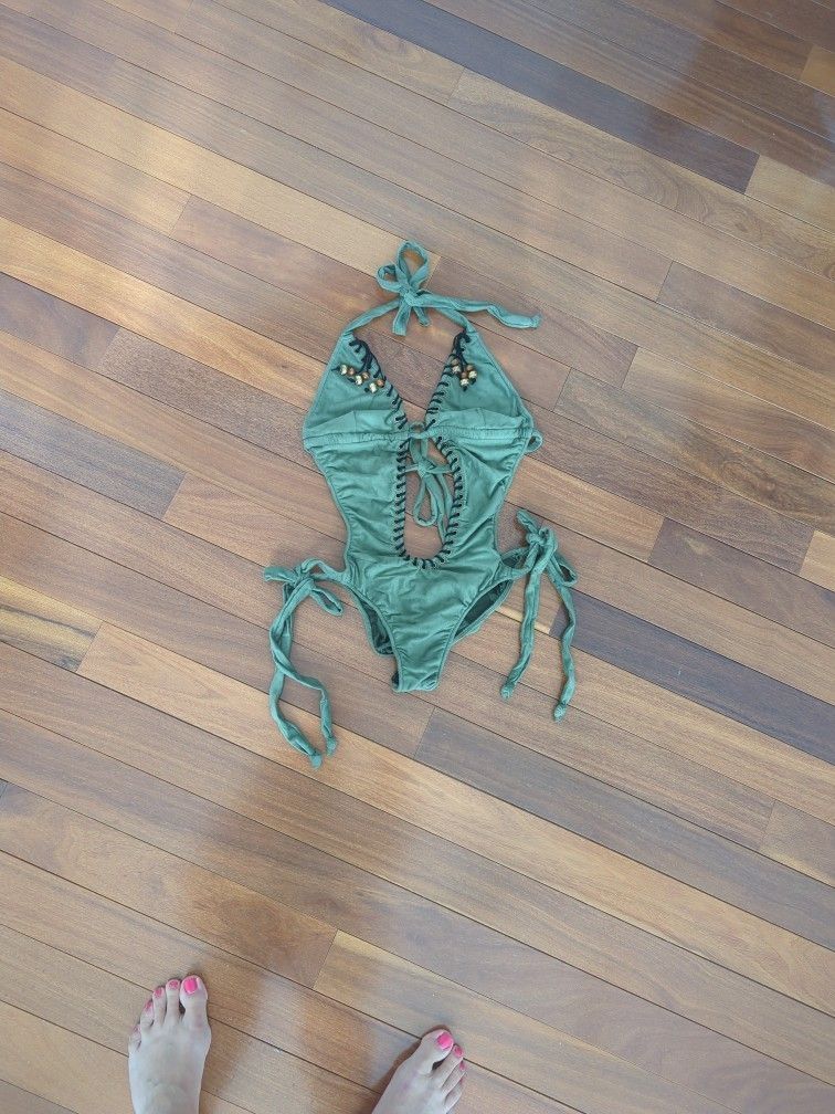Olive Green Velvet One Piece Cut Out Halter Top With Scrutch Butt Swimsuit