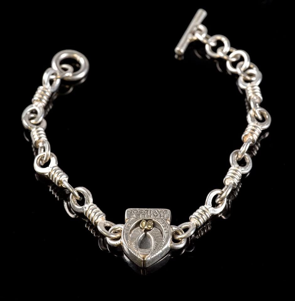 Harley Davidson 90 Anniversary 925 Sterling Silver Bracelet 18K Gold Logo Sz 14