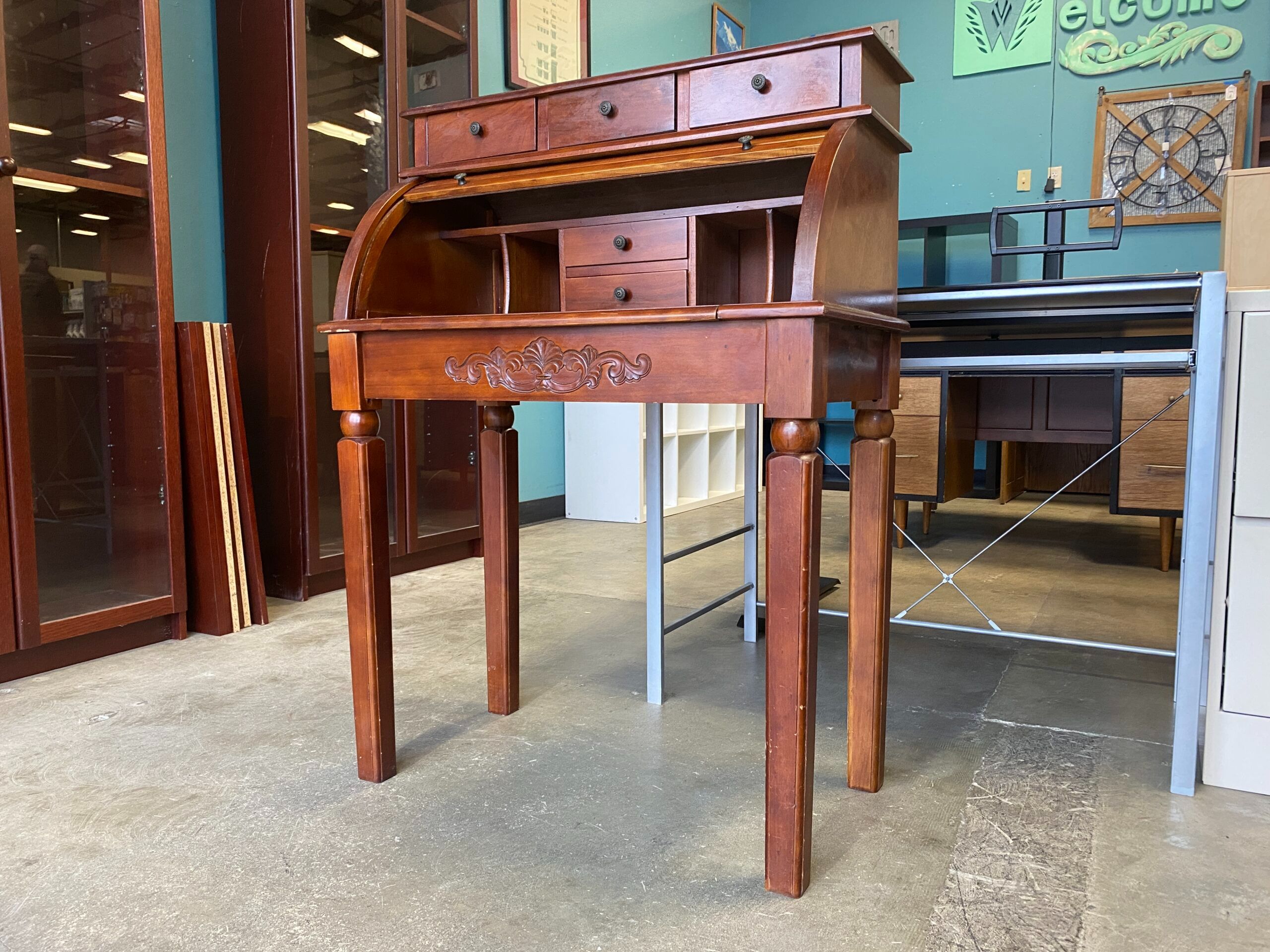 INTERNATIONAL CARAVAN Vintage Cherry Stained Rolltop Secretary Desk