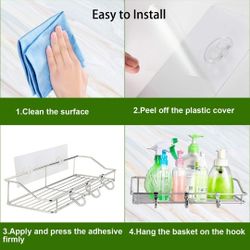 Shower Shelf with 6 Hooks, Stainless Steel Adhesive Shower Caddy, 2 Pack Wall Mounted Shower Organizer for Bathroom and Kitchen Storage Org