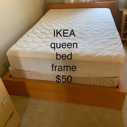 IKEA Wooden Queen Bed frame, Box Spring And Mattress 