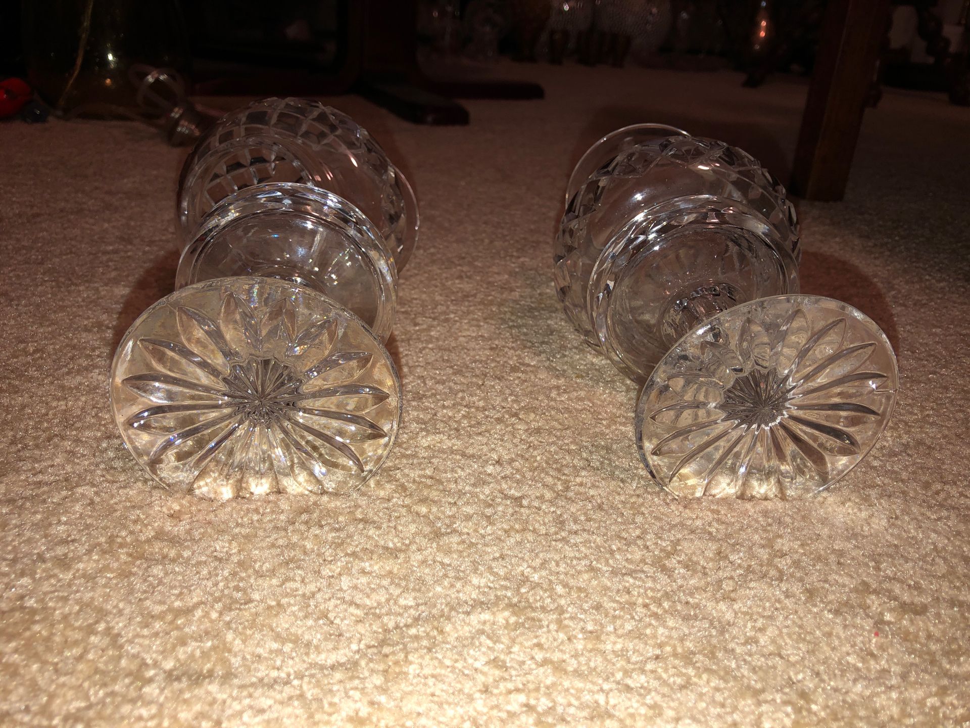 Block 2, 8” Tall Mouth Blown Hand Cut 24% Lead Crystal Votive Hurricane Candle Holders on Pedestals, Art