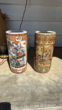 Pair of Asian Ceramic Umbrella Stand Vases