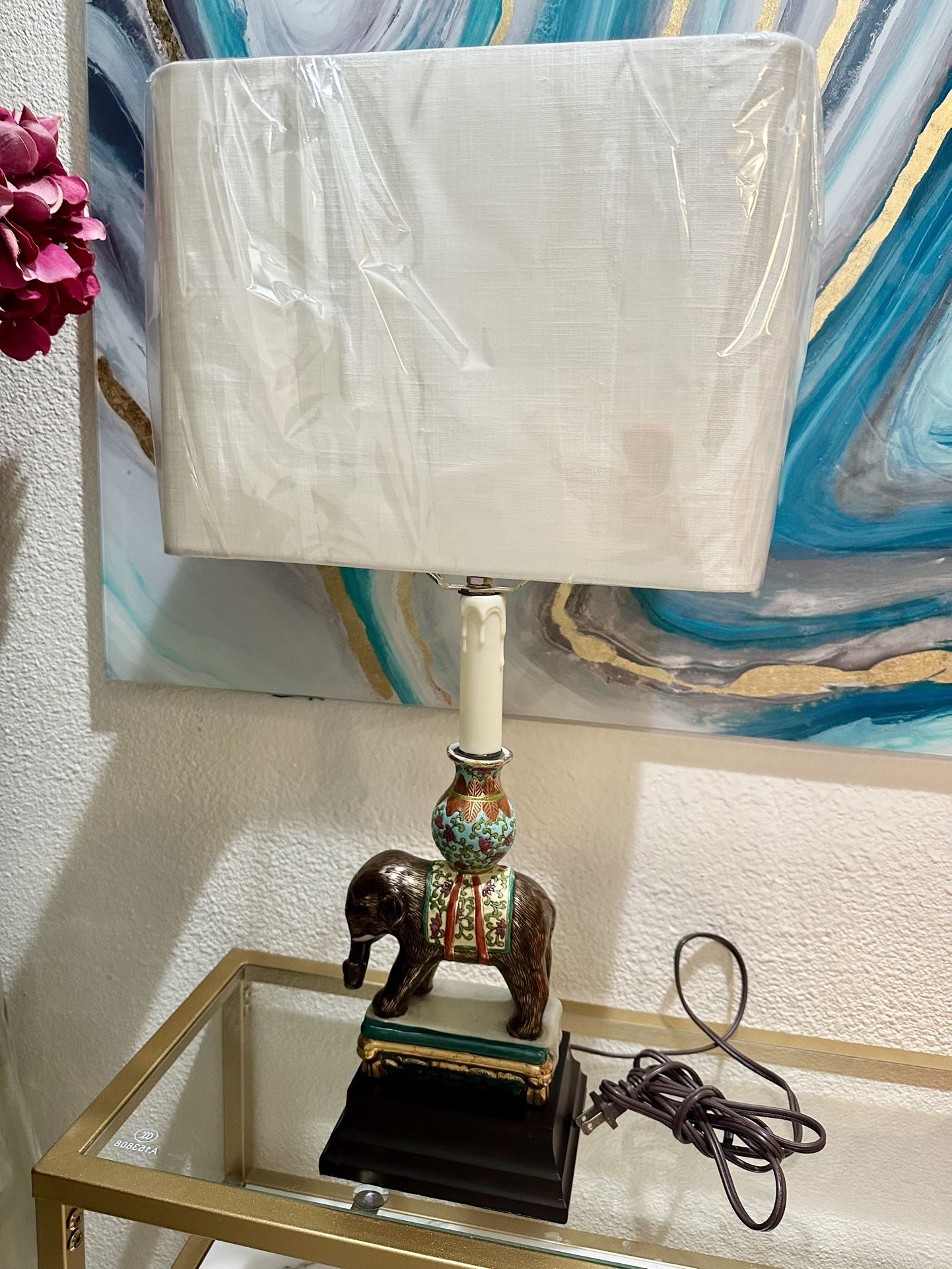 Vintage Elephant Lamp, Porcelain on Wood Base. Was Rarely Used for Staging Only.
