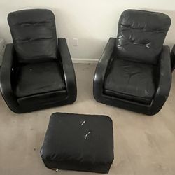 2 Black Faux Leather Chairs + Single Ottoman (Well Worn Condition)