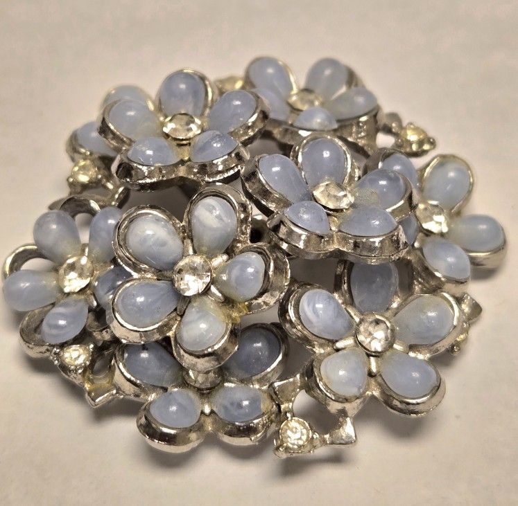 Vintage Floral Light Blue And Rhinestone Brooch Pin Silvertone Signed Coro