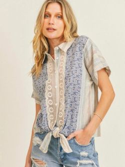 Hem and Thread Button Tie-Front Top L NWT