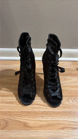 Black Satin Lace-Up Peep Toe Booties