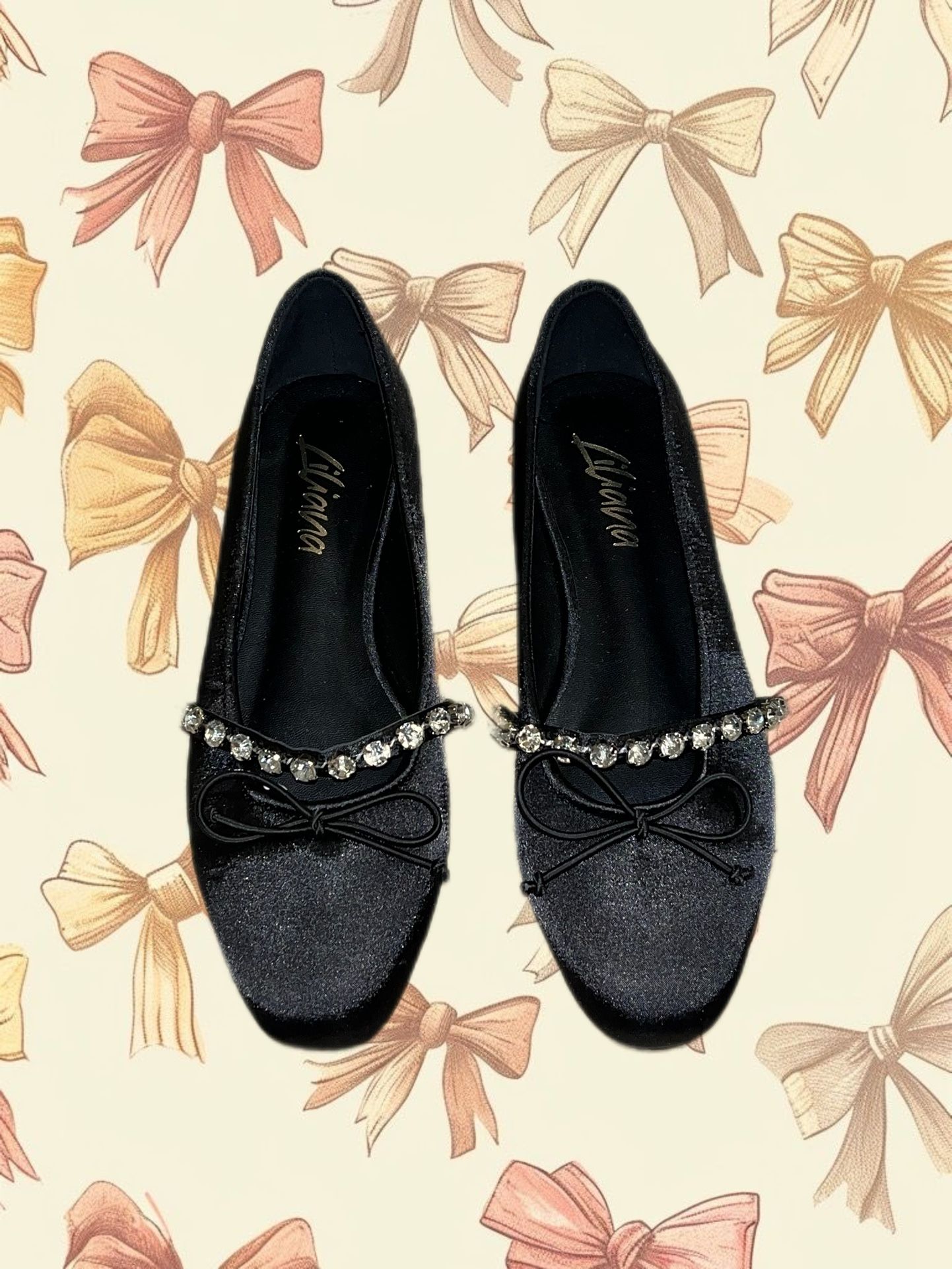 Black velvet flat shoes with rhinestones and bow