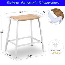 New in box 26'' White Bar Stools Set of 2, Bar Height Counter Stools, Backless Weave Wicker Saddle Stools for Kitchen Island, Rope Rattan Barstools wi