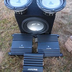 Three Alpine Amplifiers Subwoofer And Speakers All Alpine