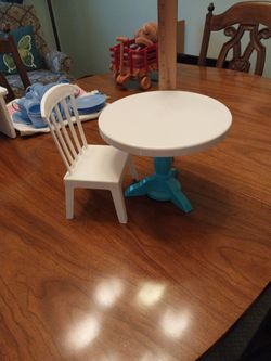 Small Doll Table And Chair. Plastic. Table 7" Tall.  Excellent