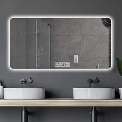 60 in. W x 28 in. H Rectangular Frameless Anti Fog Wall Mount LED Backlit Anti-Fog Bathroom Vanity Mirror in Silver