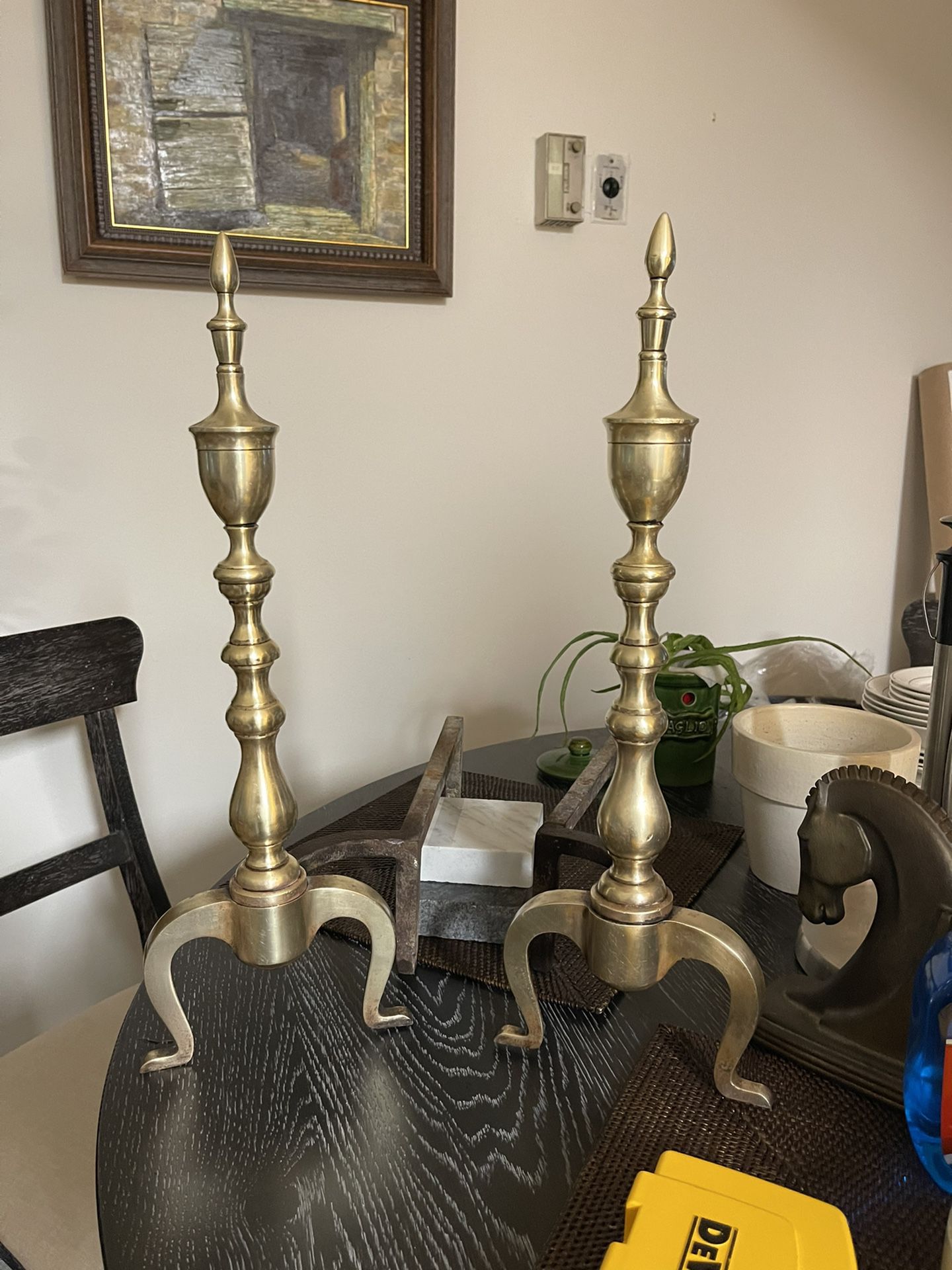 Antique Fireplace Federal Brass Andirons From Early 19th Century