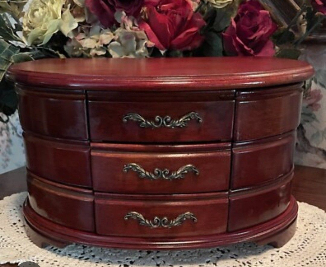Vintage Mele Wooden Three Tier Jewelry Box; Cherrywood; Multi Cmprtmnts & Mirror