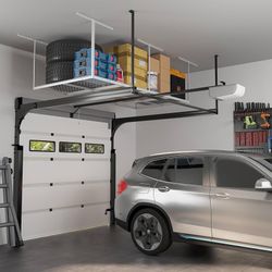 4x8 Overhead Garage Storage Rack, Adjustable Organization System, Heavy-Duty Metal Ceiling Racks, 600lbs Weight Capacity, White  Top highlig