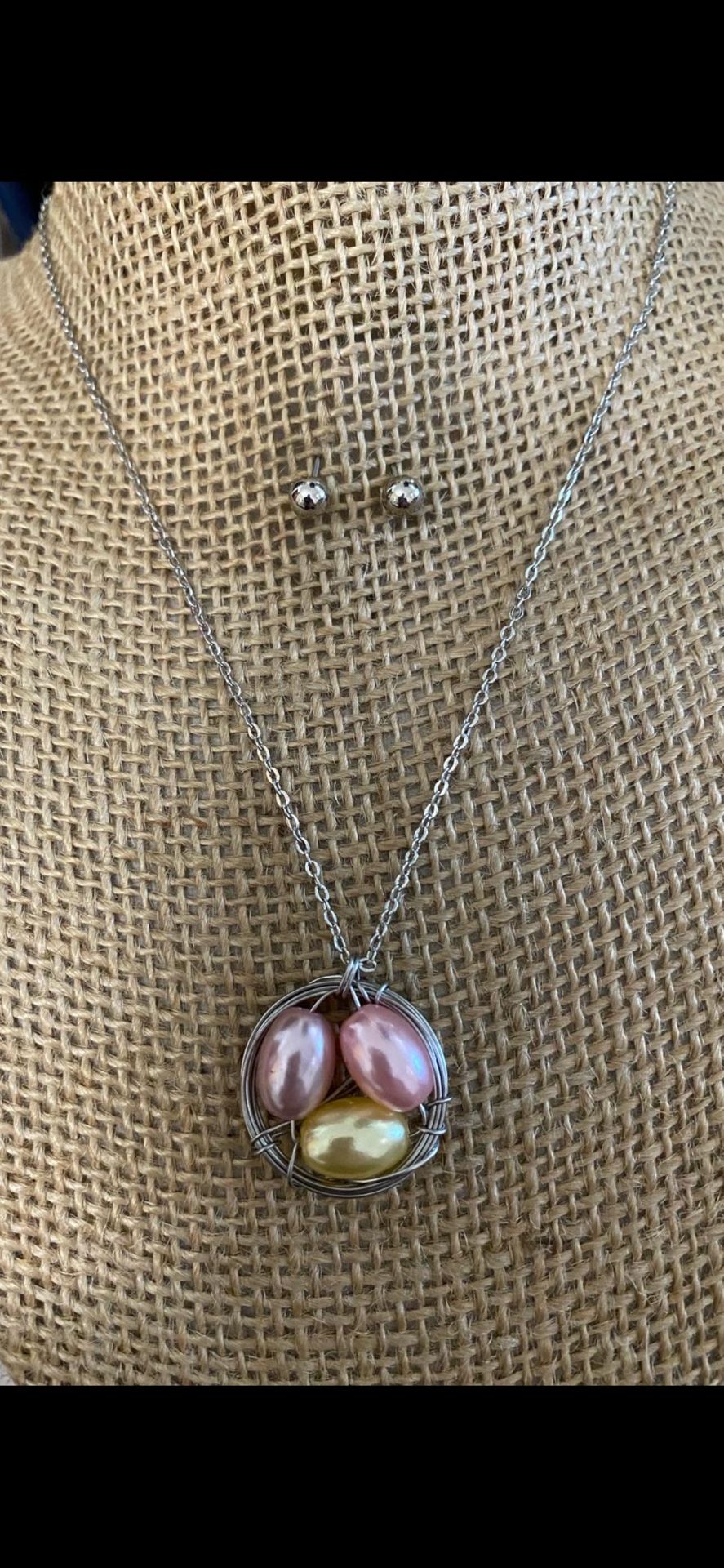 Juego Cadena Aretes Stainless Dije Perlas Colores