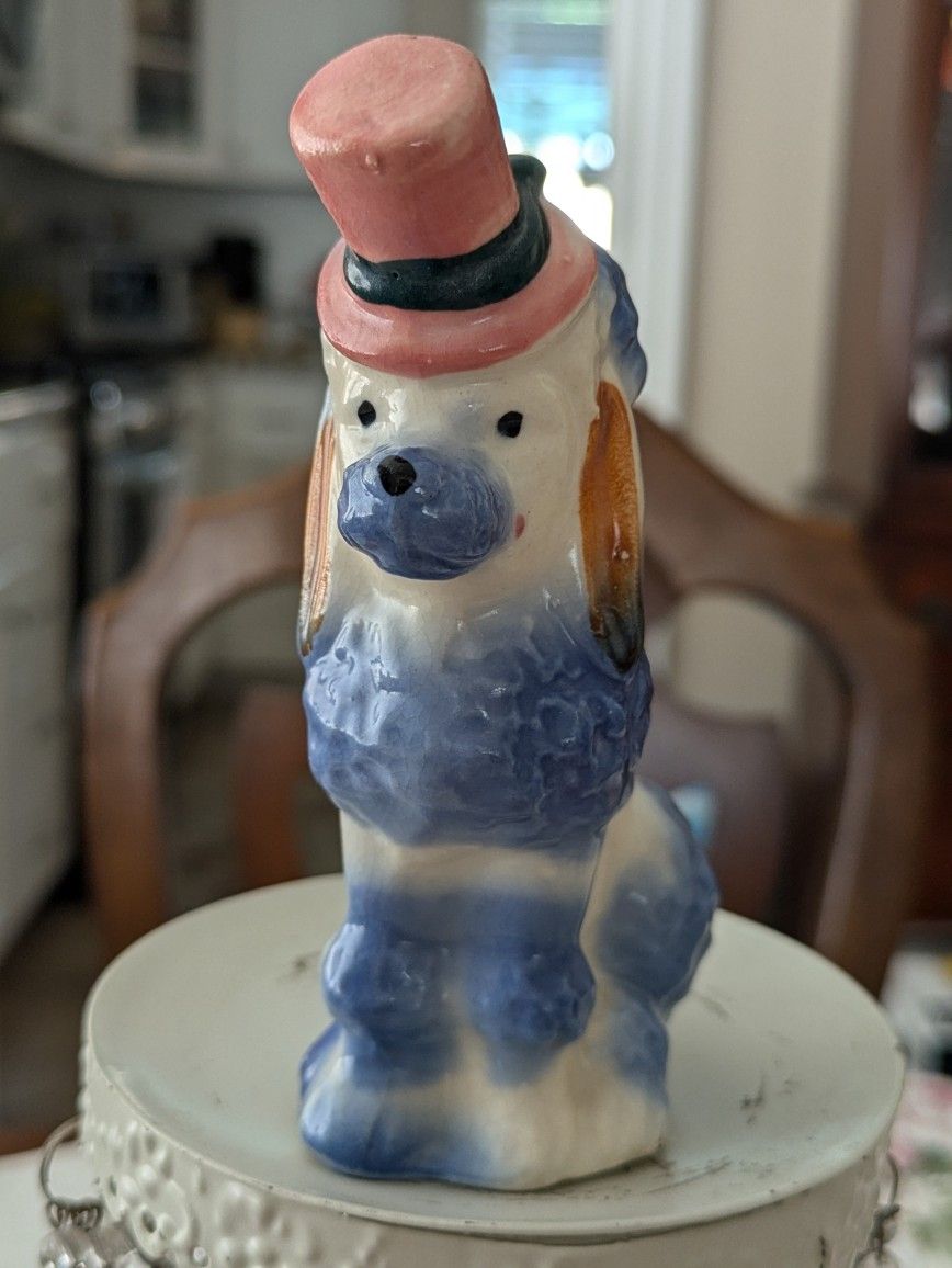 Vintage Pico N Y Ceramic Poodle Figurine With Pink Top Hat~Japan 5" Tall