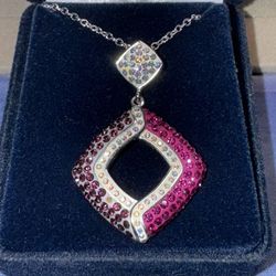 Danbury Mint Pink Crystal Square pendant  necklace with box