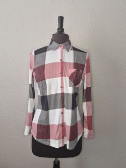 Just Polly NWT Plaid Button Up Shirt Size Small Red White Black Long Sleeve