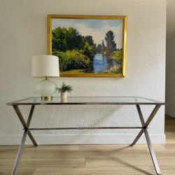 Vintage 60" Chrome & Glass Dining Table/Writing Desk – Mid-Century Modern X-Base