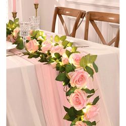3 Pink Rose Garlands With Fairy Lights