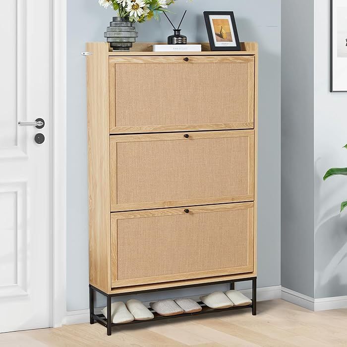 Shoe Storage Cabinet with 3 Flip Drawers, Freestanding Shoe Cabinet Storage Organizer for Entryway, Wooden Narrow Shoe Racks Cabinet with Metal Legs f