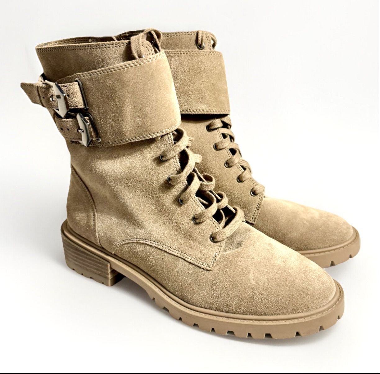 Vince Camuto Womens Fawdry Suede Buckle Combat Lace-up Boots Shoes 