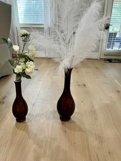 Set of 2 Decorative Brown Vases with Faux Florals