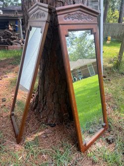 2 x Louis Philippe style SOLID mahogany mirrors with carved floral pediments  21” x 51”
