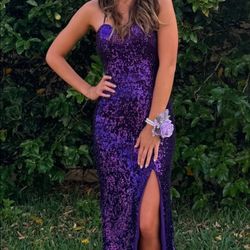 Purple long sparkly prom dress