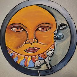 SUN MOON SLEEPY KITTEN 20INCH ROUND CANVAS  PAINTING