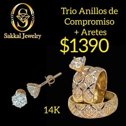 Oro 14K. Set Trio De compromiso Con Aretes. Hacemos Envios. Somos joyeria