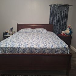 Tan Colour King Size Bed With Mattress And 2 Side Tables And Dressing