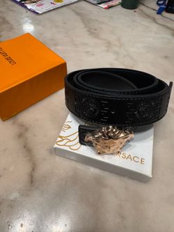 Versace Medusa Leather Belt - Black Embossed Versace Belt with Gold Buckle