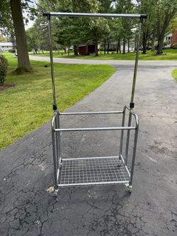 ADJUSTABLE 3 GARMENT RACK, METAL, CHROME, ON WHEELS
