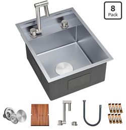 TORVA RV Kitchen Sink, 16 x 21 x 9 Inch Undermount Bar Sink 16 Gauge Stainless Steel Single Bowl Sink with Foldable Faucet Cutting Board, Grey