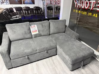 Gray Corduroy Pull-Out Sectional Sofa Sleeper