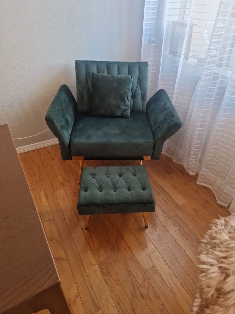 Emerald Green Velvet Chair, Cushion And Footstool Set