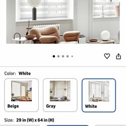 GHV Cordless Zebra Blinds for Windows Free-Stop Shades Light Filtering Dual Layer Light Control for Day and Night (White. 29 in (W) x 64 in (H))