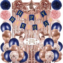 Navy Blue Rose Gold Happy Birthday Party Decorations Kit for Women Girls Men, Banner, Flower Pompoms, Fringe Curtain, Cake Topper, Foil Balloons  Thumbnail