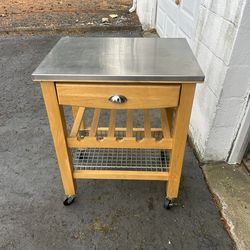 Wood Kitchen Trolley Cart Stainless Steel Top Rolling Storage Cabinet Island