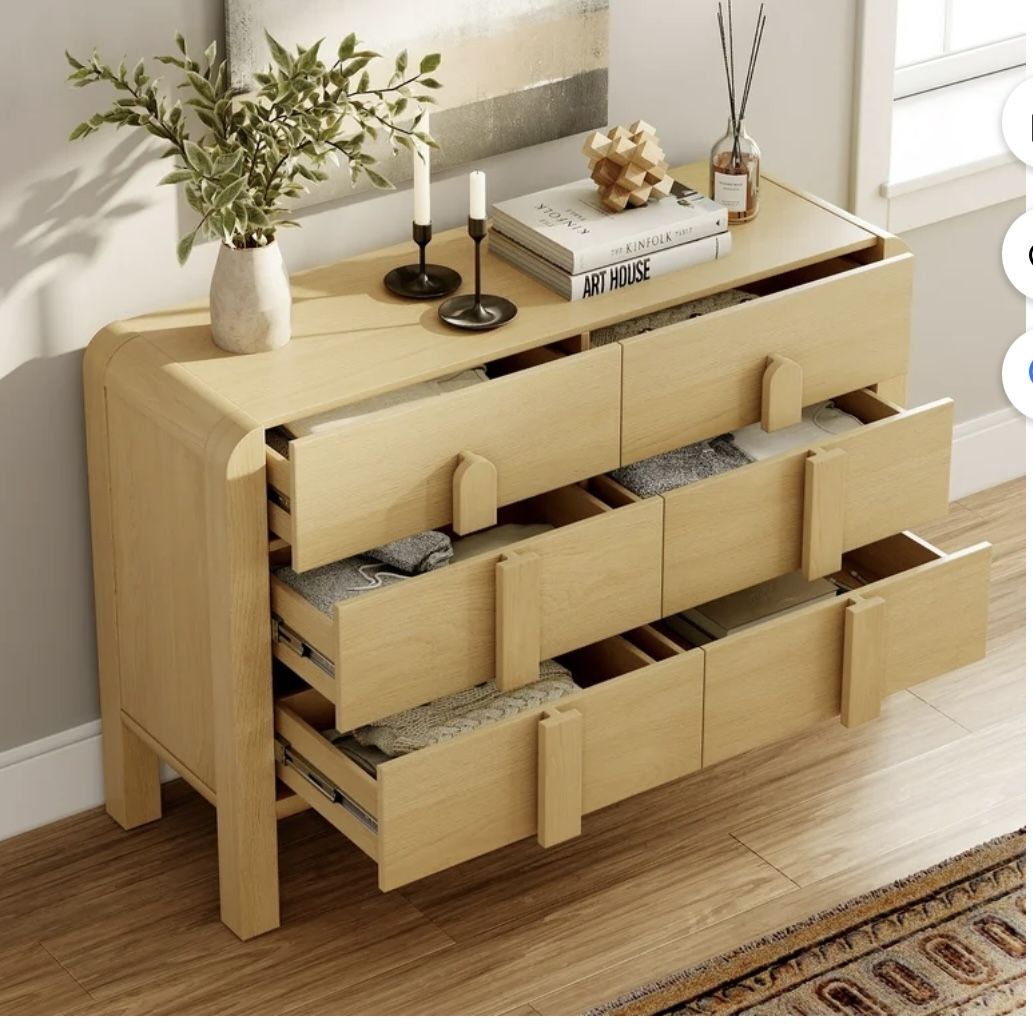 6 Drawer Dresser and Nightstand Sets for Bedroom, 3 Pcs Bedroom Set，Night Stand Set of 2, Double Dresser with Curved Profile Design, Wood Chest of Dra