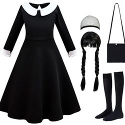 Wednesday Halloween Costume Addams Family Girls 4-5 Wig Included 