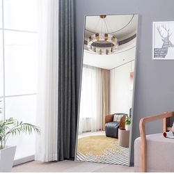 Full Length Mirror, with Slim Silver Aluminum Alloy Frame, Floor Mirror with Stand and Wall Mount or Tilt for Bedroom or Office dressing room