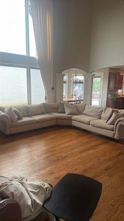 Large Beige Sectional Sofa with Nailhead Trim solid frame $10k msrp