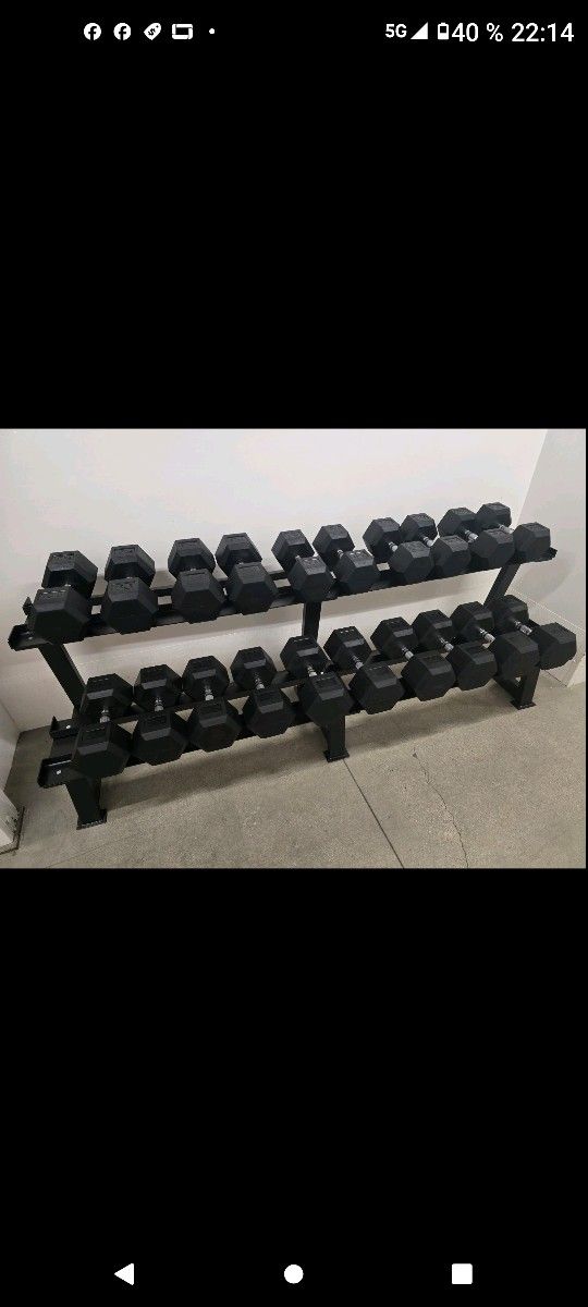 RUBBER HEX DUMBBELLS SET:
  55lb - 100lb. WITH THE RACK.